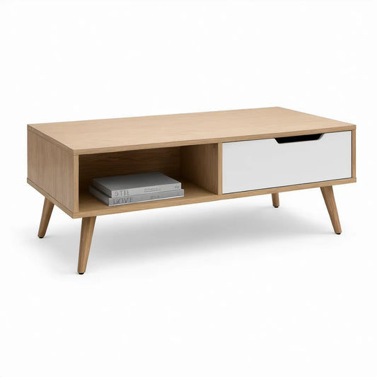 Rechteckiger Couchtisch 100 x 50 x 45 cm aus MDF mit Eichenfurnier, Natur/Weiss