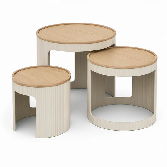 3er-Set runde Tische aus MDF mit Eichenfurnier, Natur/Cremeweiss, Ø 45/60/70 cm