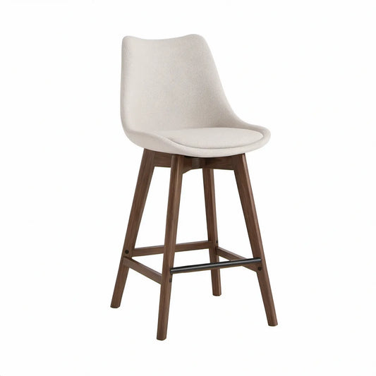 Barhocker mit Rückenlehne, Polyesterbezug in Creme und Walnussbraunem Holzgestell, 52 x 55 x 100 cm