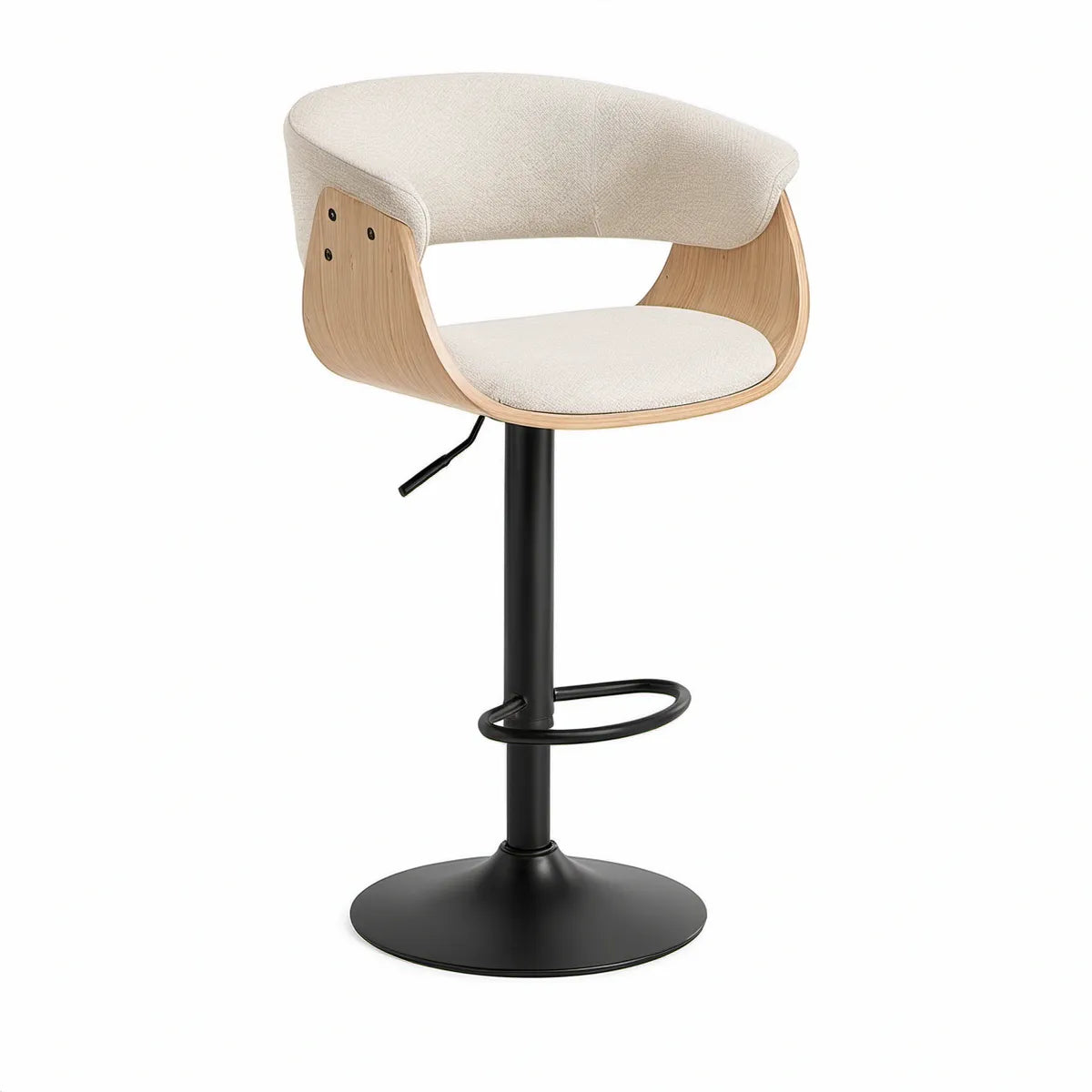 Höhenverstellbarer Barhocker mit Rückenlehne und Fussstütze, Creme/Naturholz/Schwarz, 54 x 52 x 88–108 cm